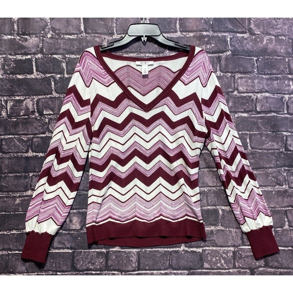 White House Black Market Sweater Womens Medium Pink Burgundy White Soft Elegant